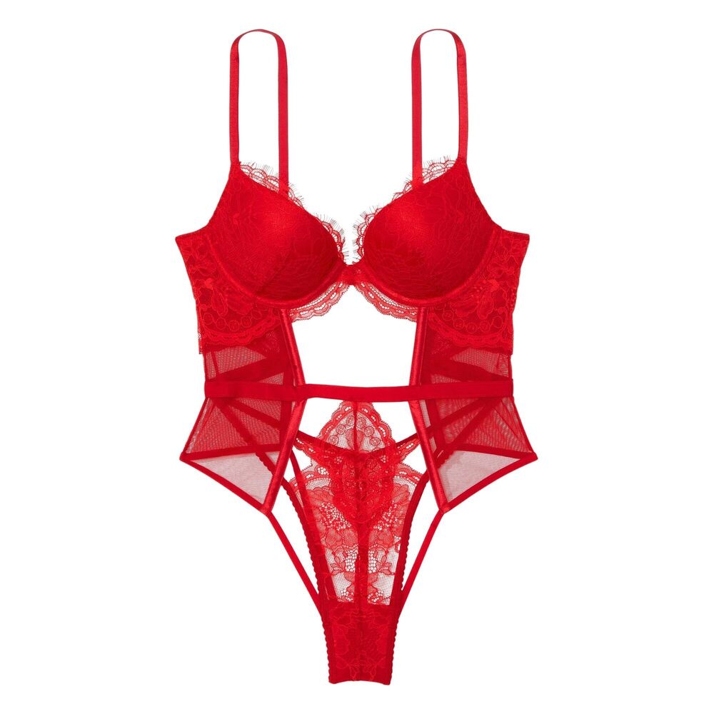 4741 Push-Up Cutout Lace Teddy, Lipstick, XX-Large